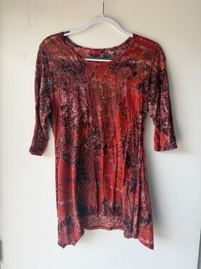Tianello Red Multicolor Patterned Tunic Top